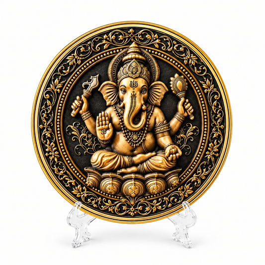 Lord Ganesha Relief Art Decorative Plate on Display Stand