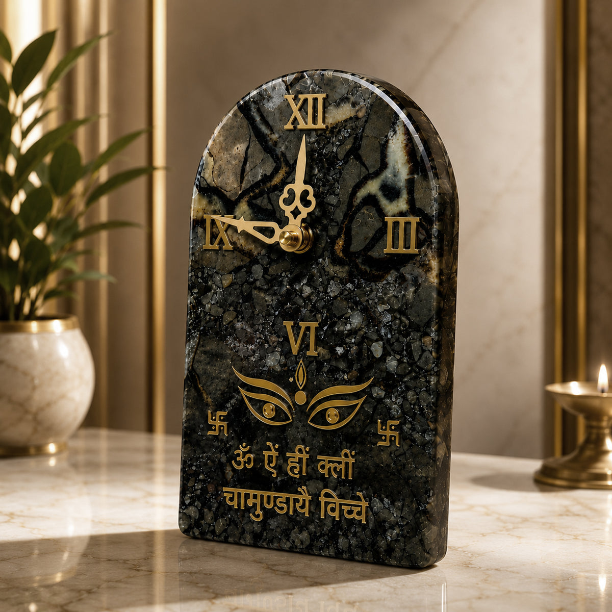 Elegant Grey Semi-Precious Stone Tabletop Clock