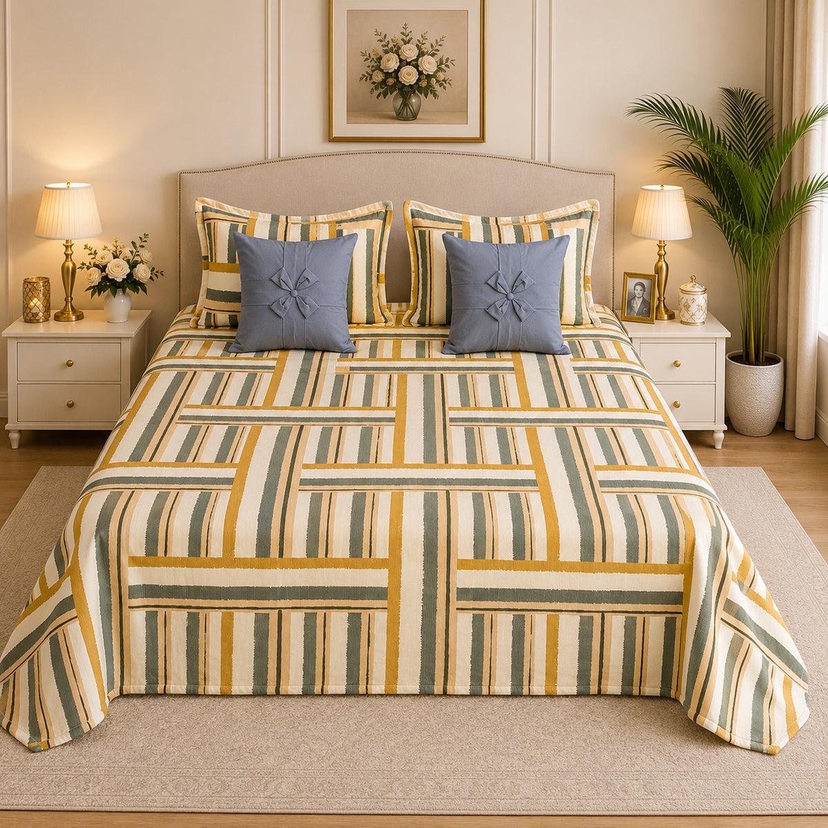 Pure Cotton Mustard & Grey Striped Bedsheet Set