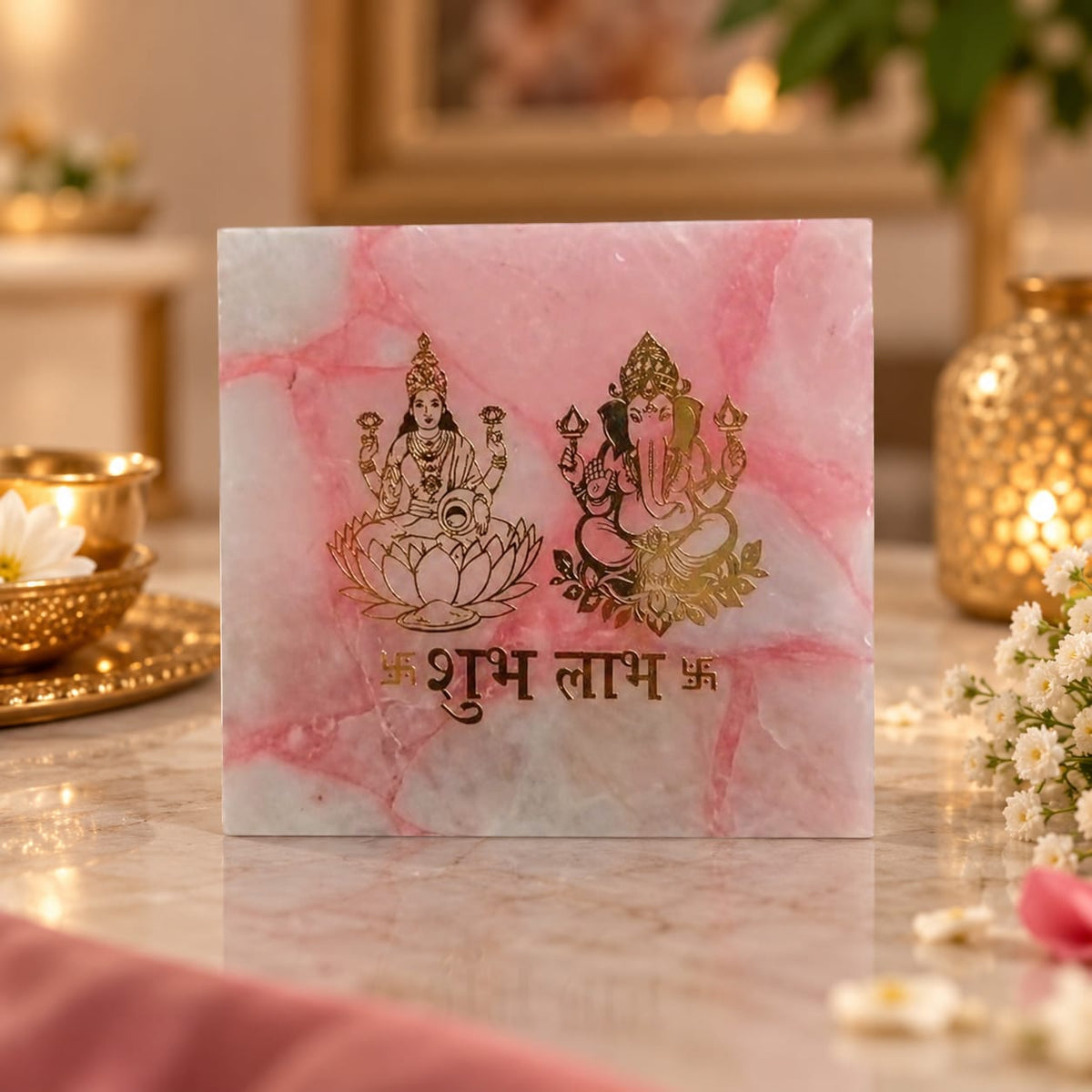 Laxmi Ganesha Tea Light Holder on Natural Rose Quartz.