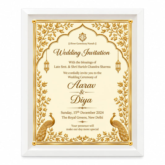 Royal Ivory & Gold Peacock Indian Wedding Invitation in an acrylic frame