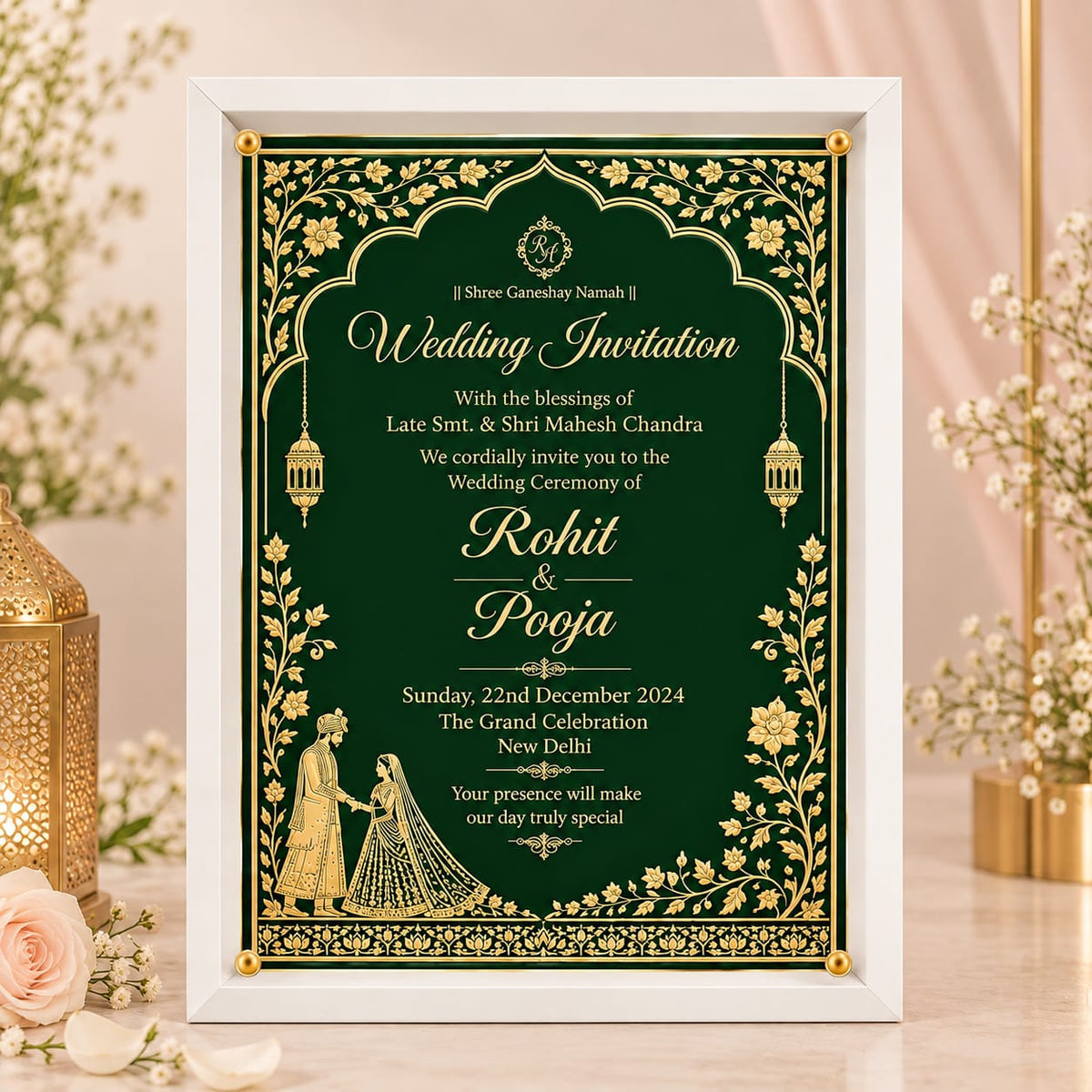 Royal Emerald Green & Gold Foil Indian Wedding Invitation in a clear Acrylic frame
