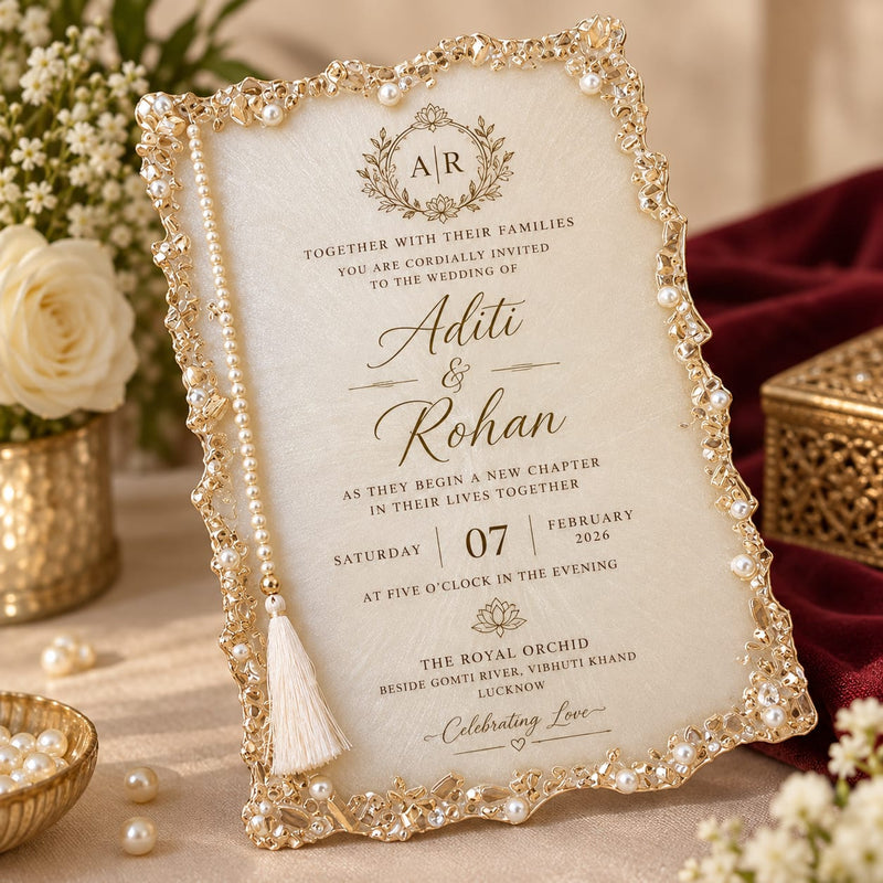 Luxury Pearl-Border Resin Wedding Invitation Card