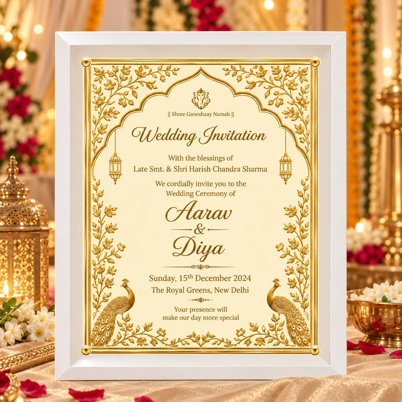 Royal Ivory & Gold Peacock Indian Wedding Invitation in an acrylic frame