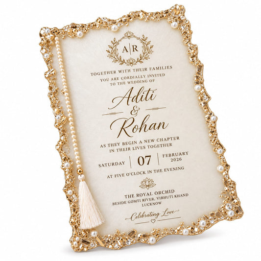 Luxury Pearl-Border Resin Wedding Invitation Card