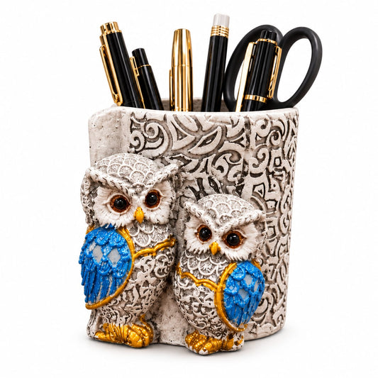 Owl Antique Blue Resin Pen Stand