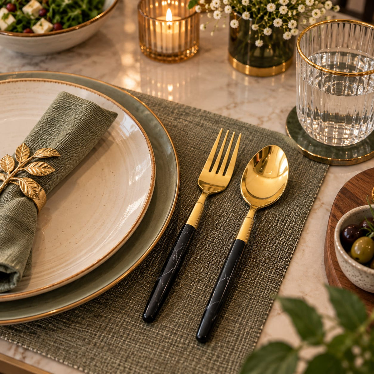 Gold and Black Handle Cutlery Set