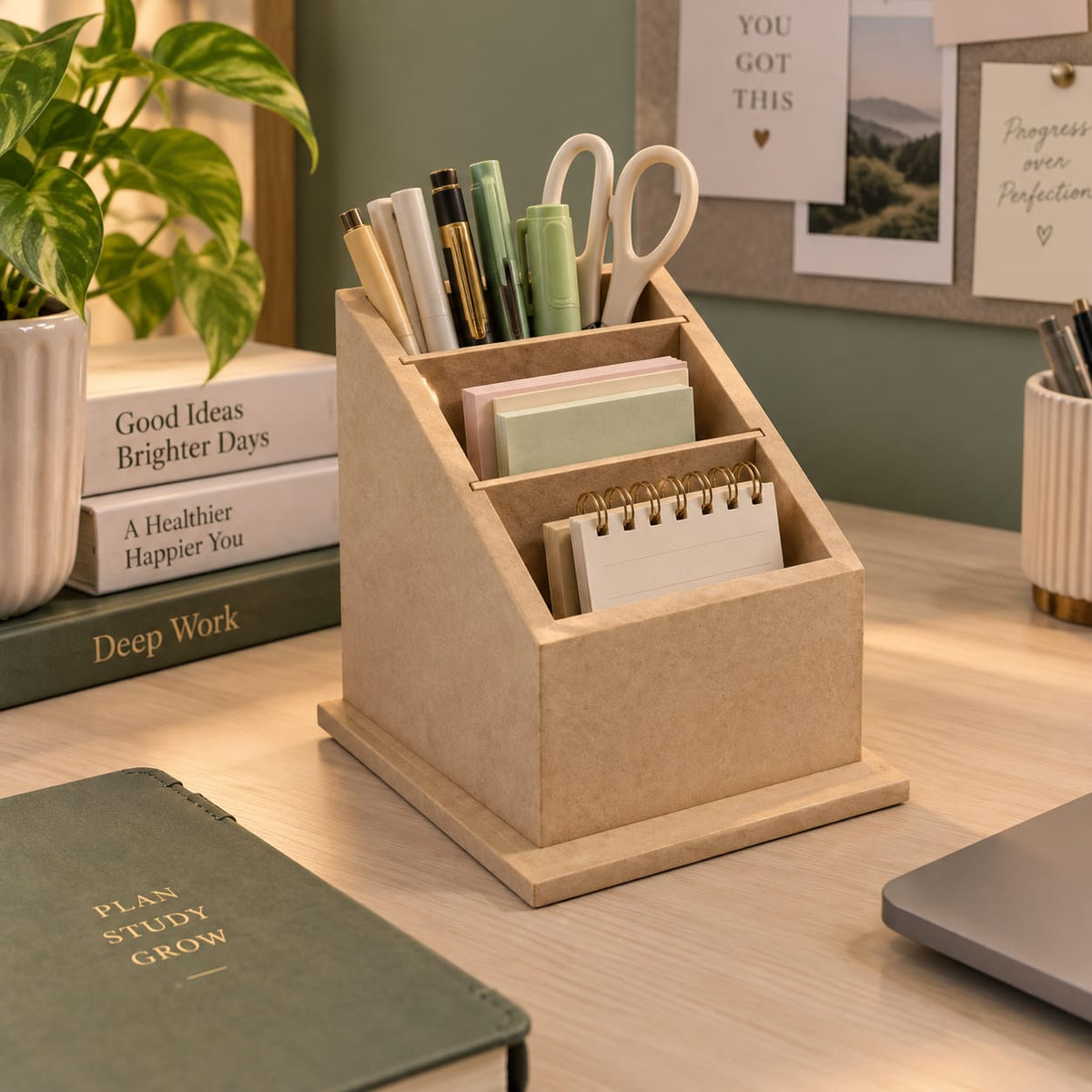 Natural Wooden Three-Compartment Desk Organizer