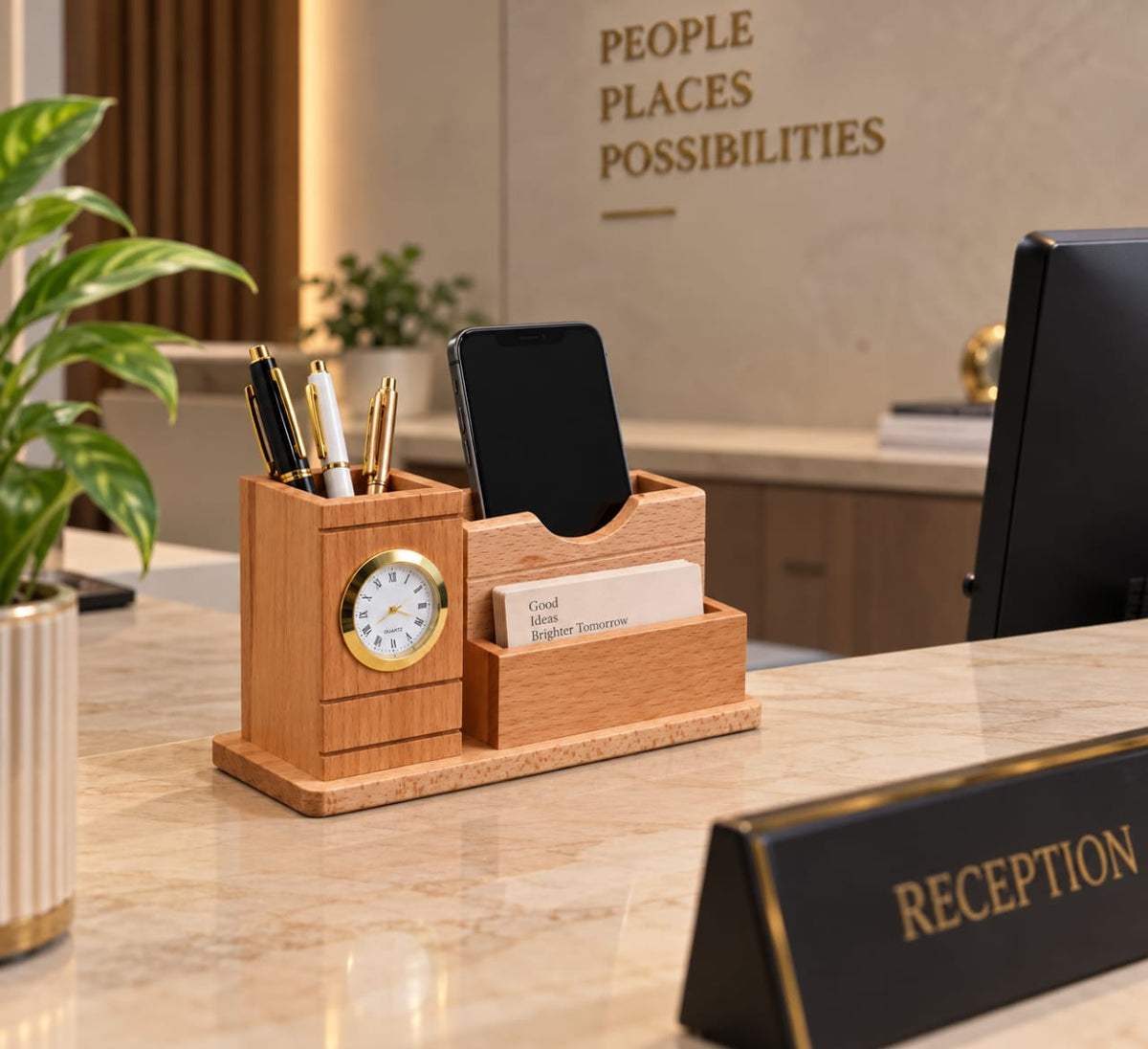 Natural Wooden Desk Organizer with Analog Clock