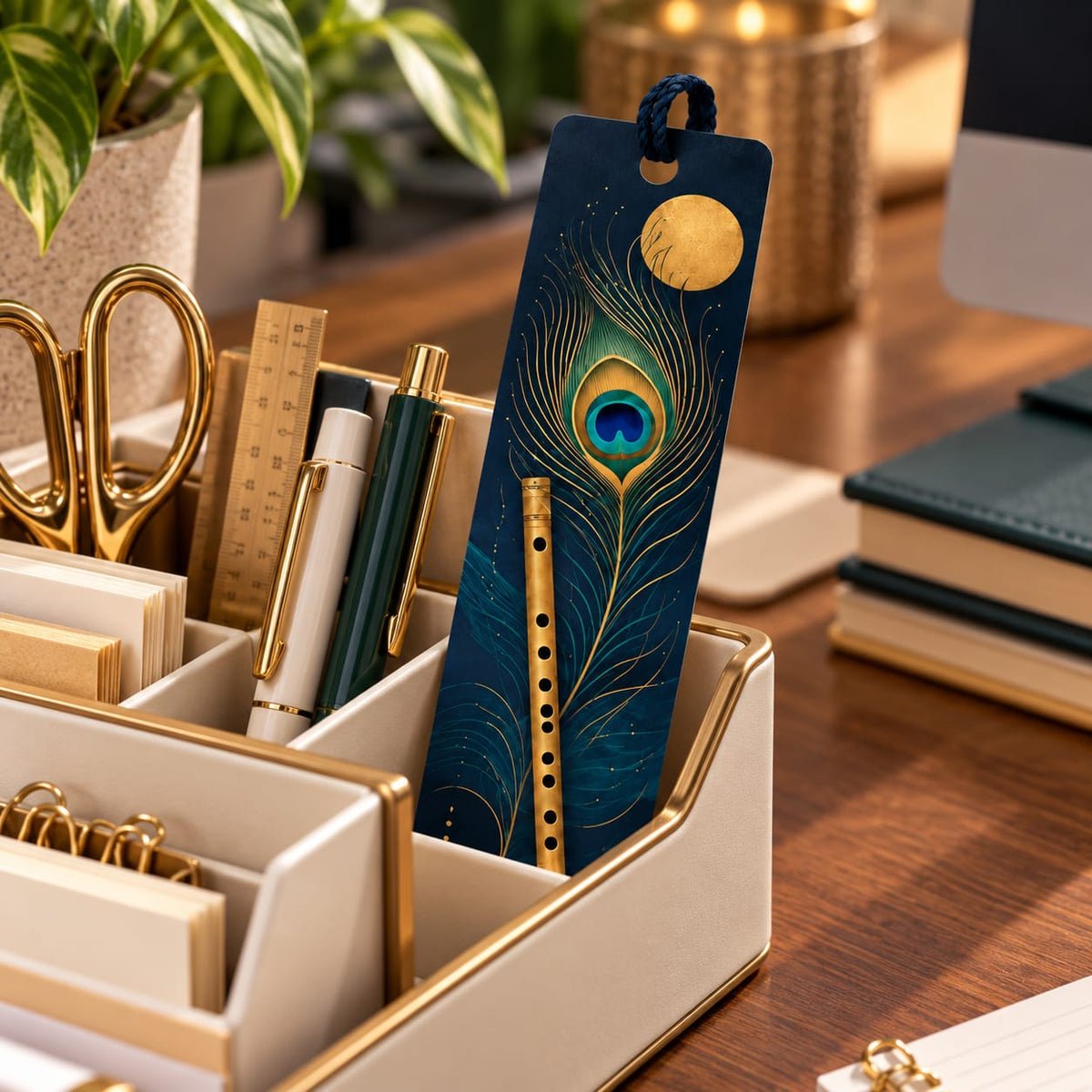 Midnight Blue Flute and Peacock Feather Bookmark