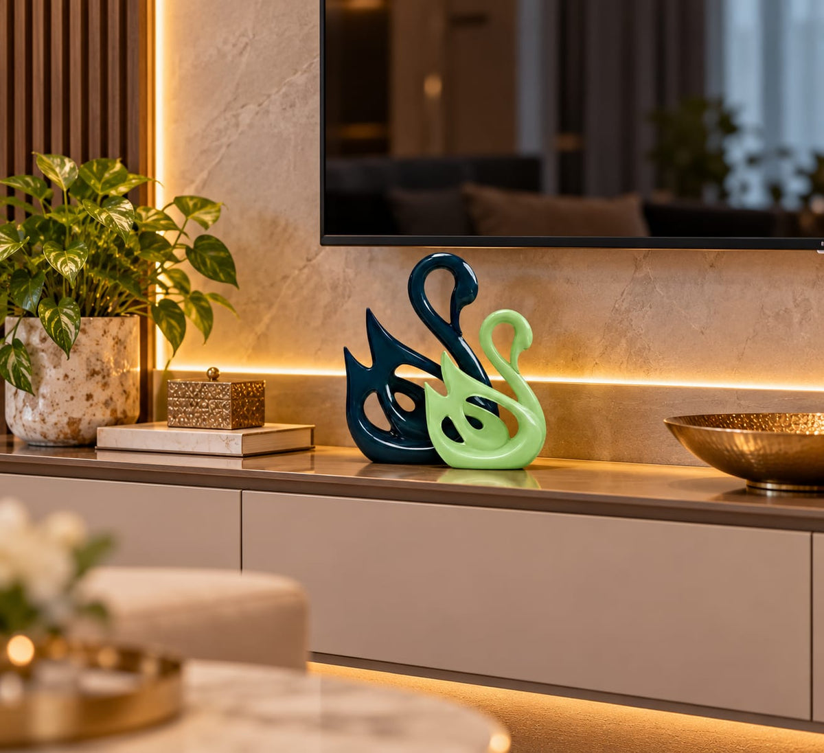 Blue and Green Swan Duo Figurine