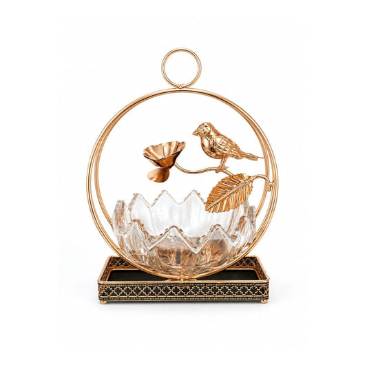 Golden Circular Ring and Bird Decorative Glass Bowl Centerpiece