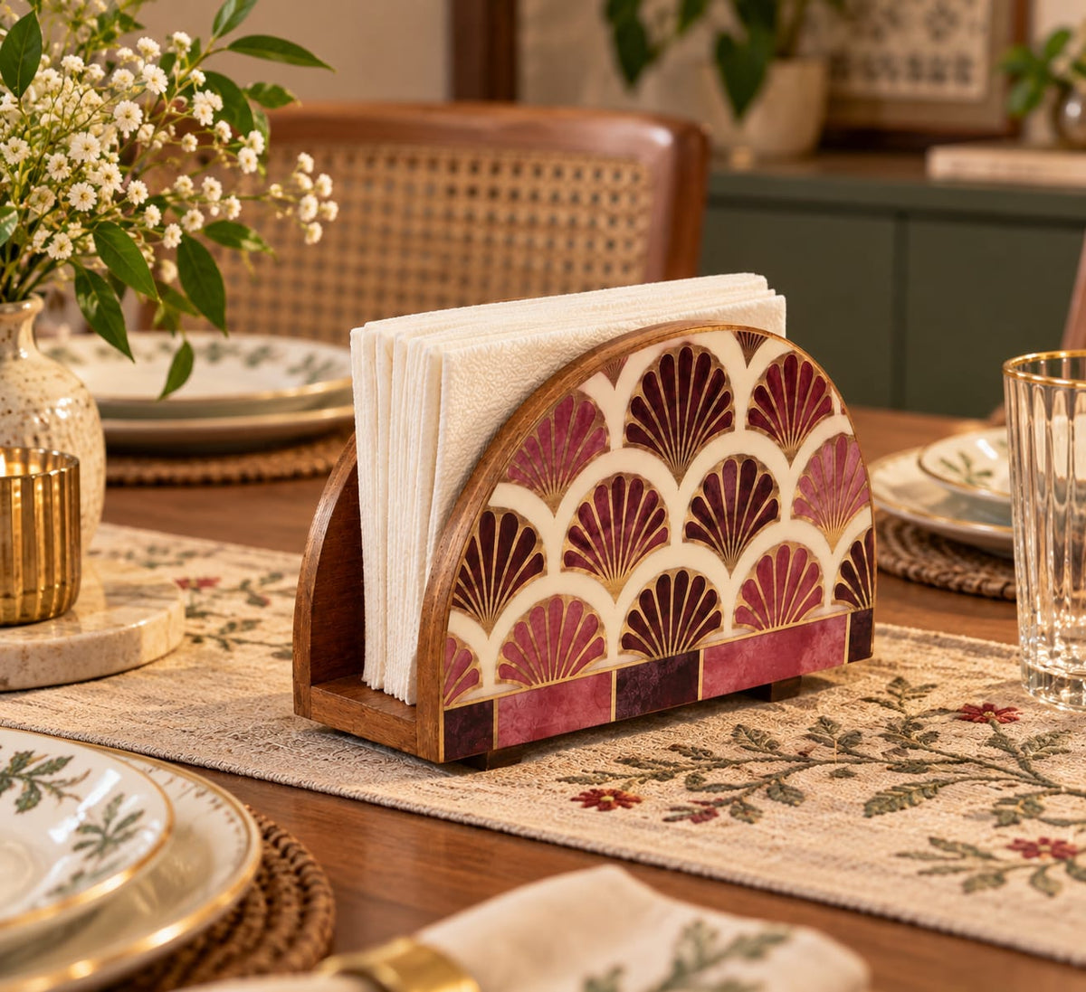 Scalloped Fan Pattern Wooden Napkin Holder