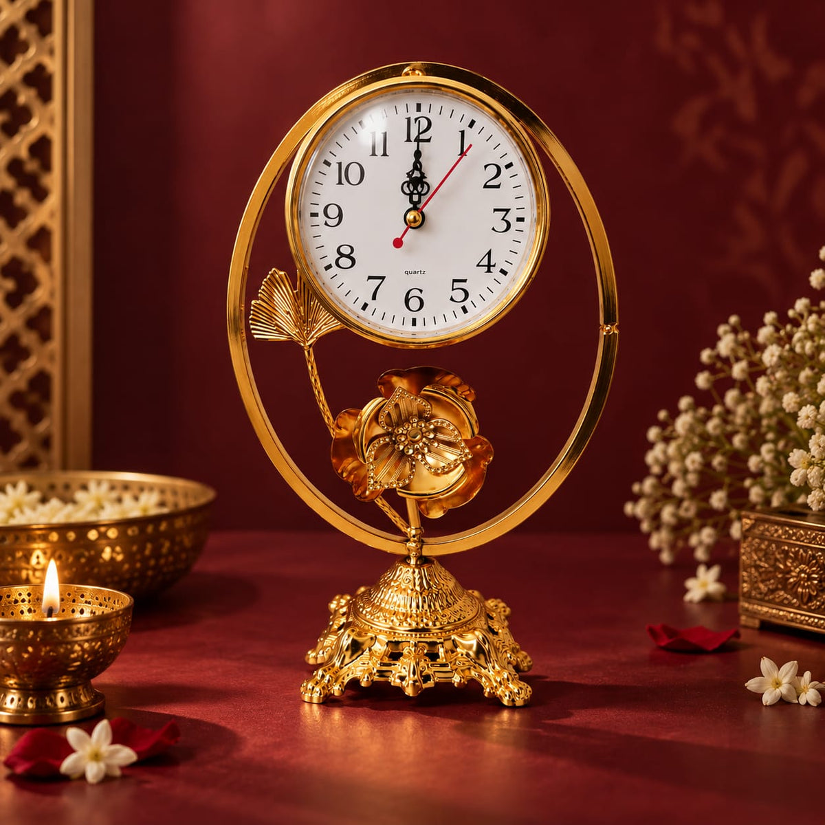 Gold Floral Circular Frame Desk Clock