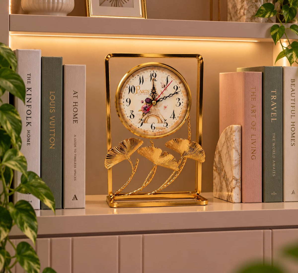 Ginkgo Leaf Design Gold Desk Clock