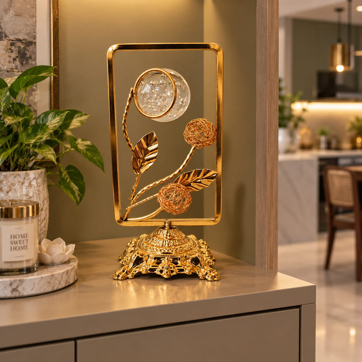 Gold Floral and Crystal Ball Decorative Stand
