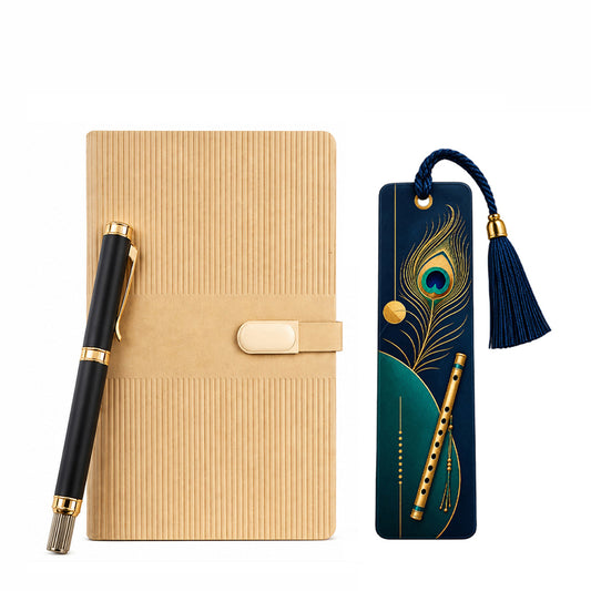 Beige Textured Diary with Black-Gold Pen & Peacock Bookmark - close-up detail
