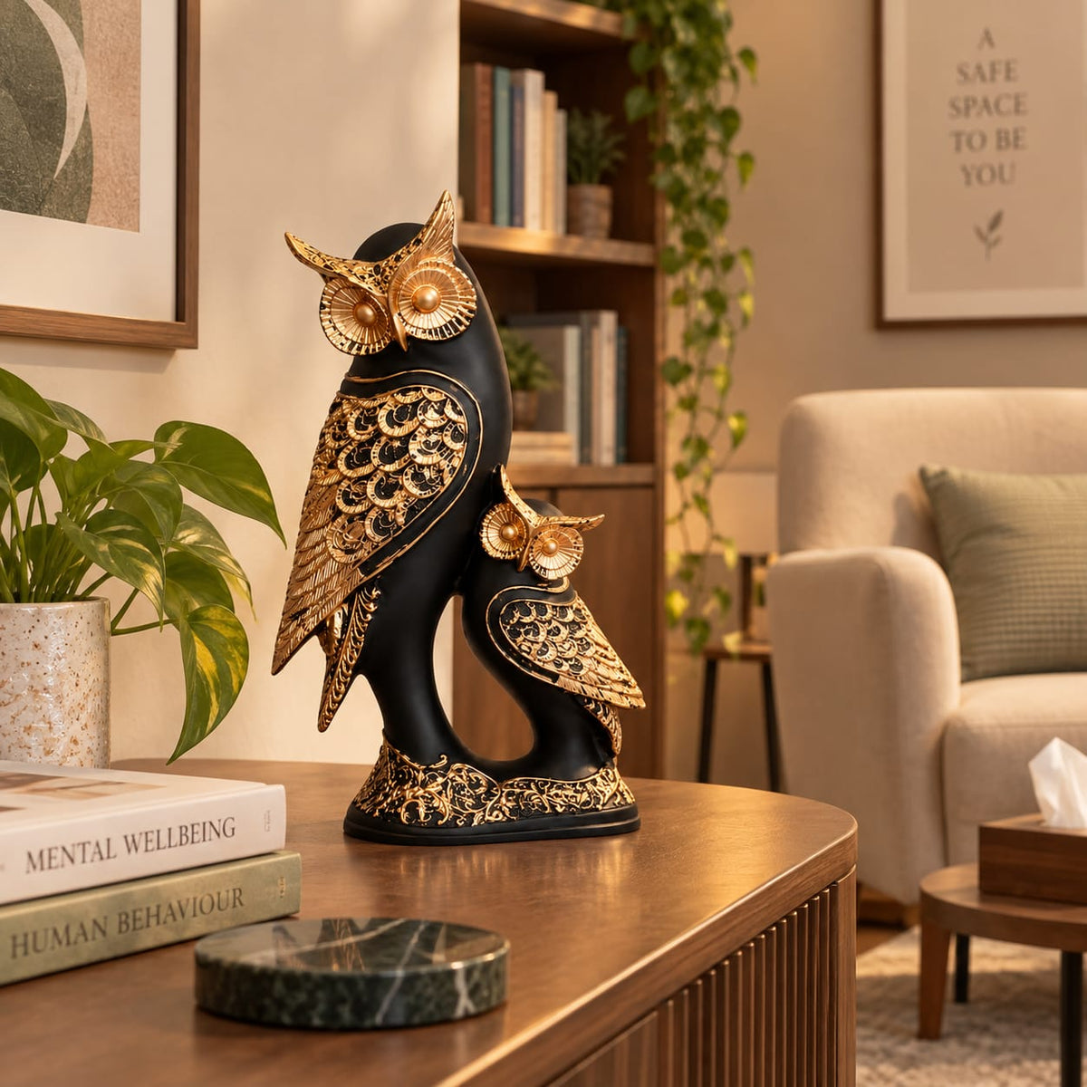 Black and Gold Owl Figurine Set