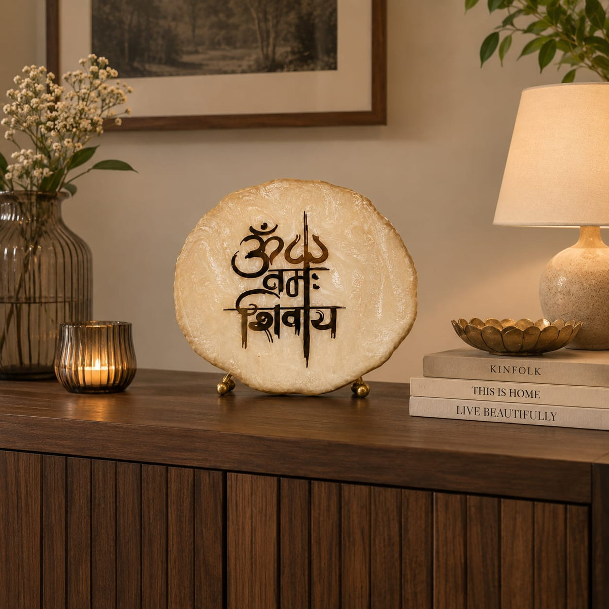 Divine Om Namah Shivay White Agate Table Accent - detail view