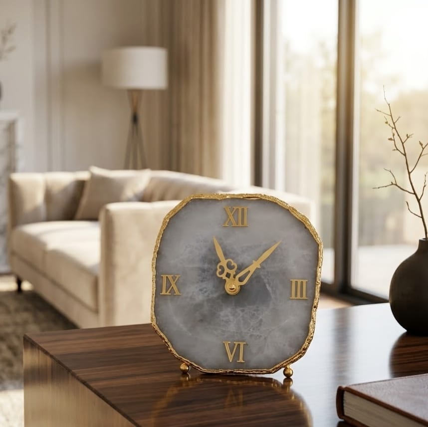 Elegant Grey Agate Table Clock - detail view