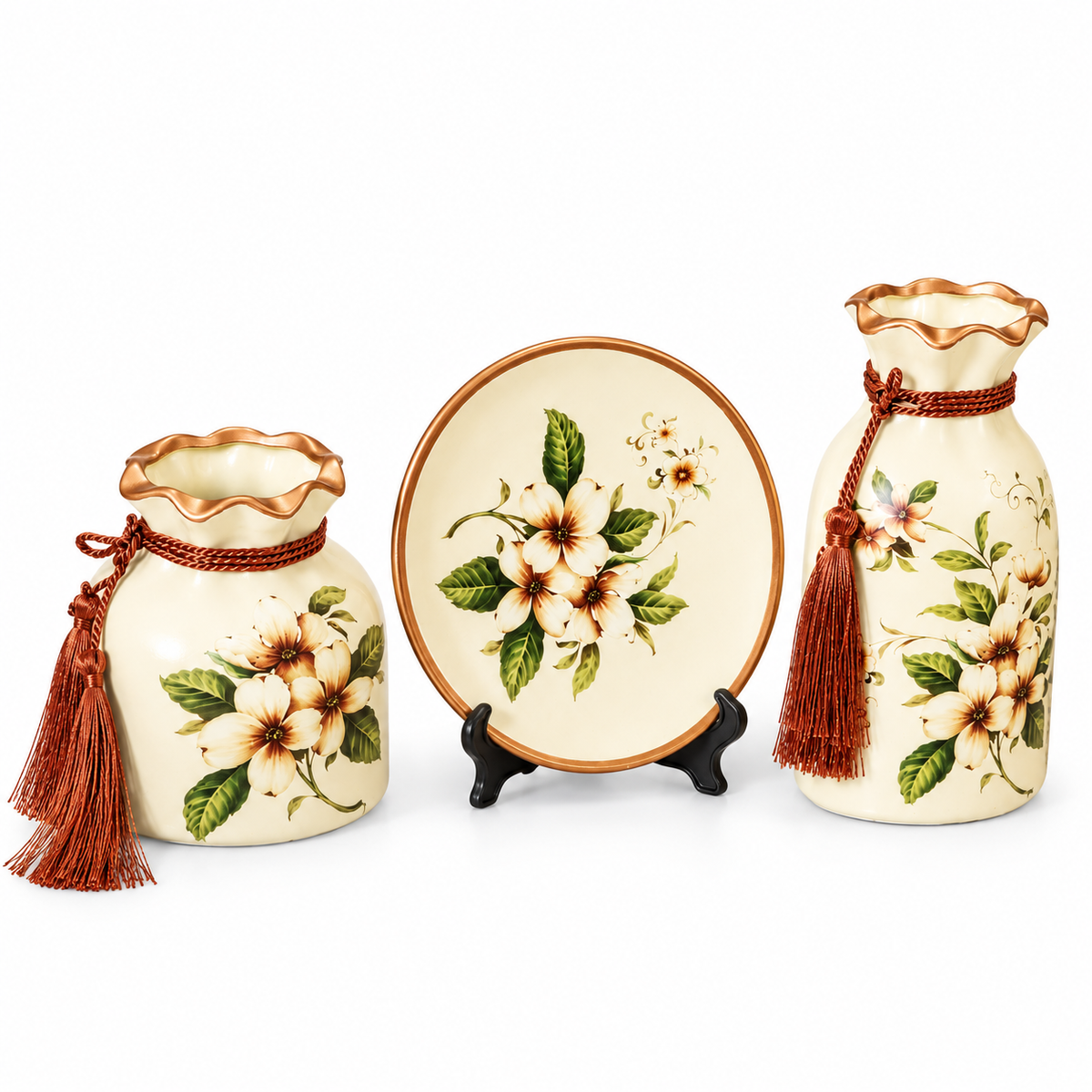 Floral Print and Tassel Ceramic Decor Set