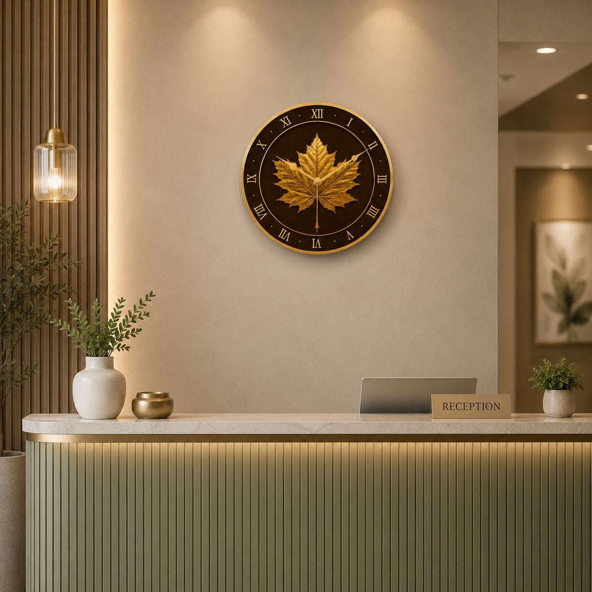 Golden Maple Leaf MDF Wall Clock - detail view