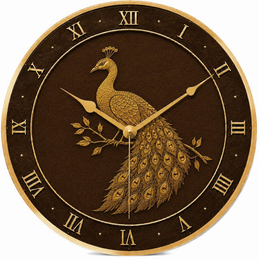 Golden Peacock MDF Wall Clock - close-up detail