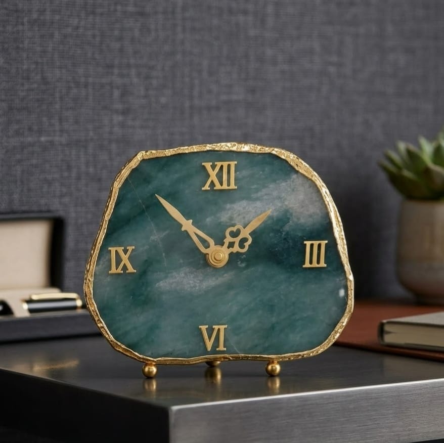 Green Aventurine Gold-Rimmed Table Clock - detail view