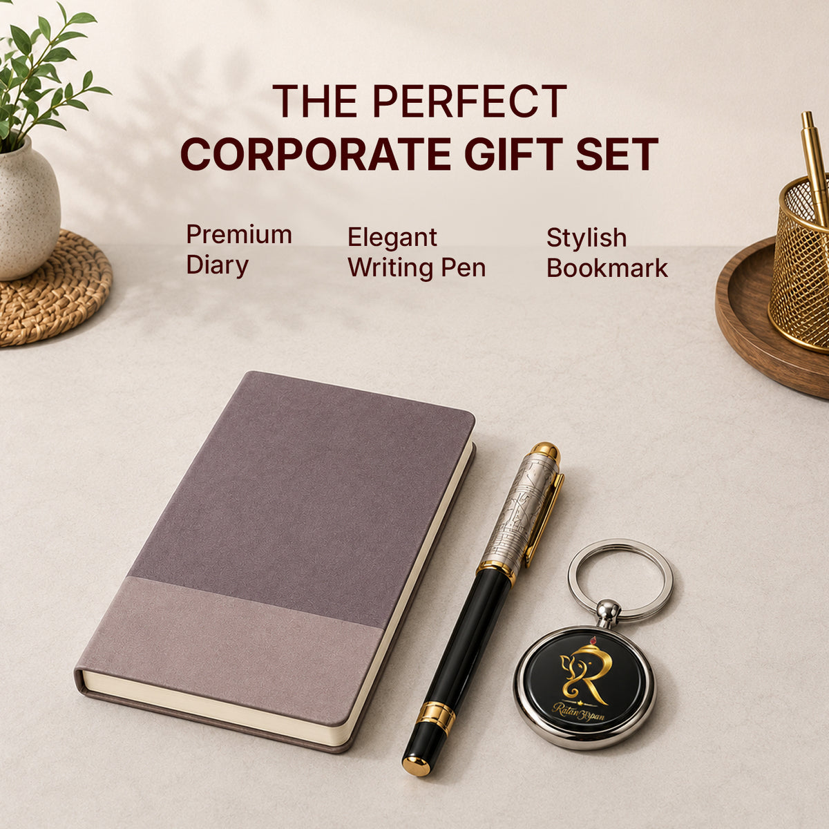 Mauve Two-Tone Diary with Gold-Black Pen & Keychain - detail view