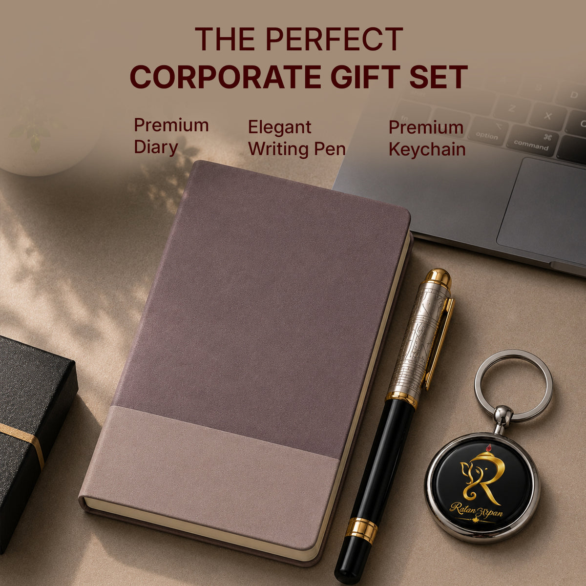 Mauve Two-Tone Executive Diary with Premium Pen & Keychain Gift Set - detail view