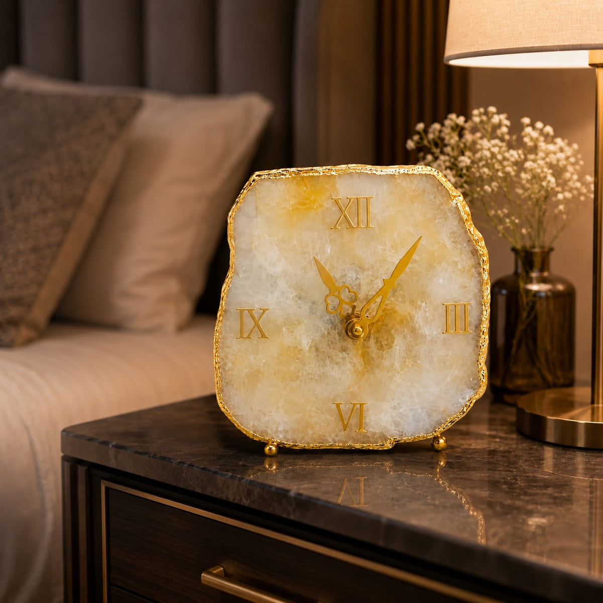 Yellow Aventurine Gold-Rimmed Table Clock - detail view