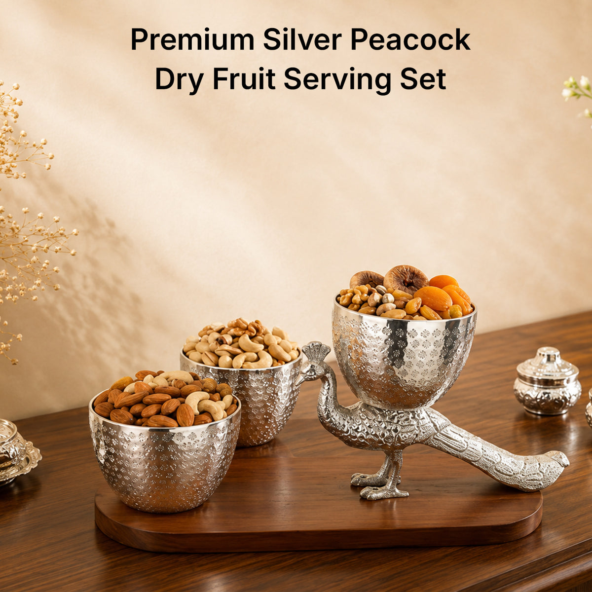 Premium Silver Peacock Dry Fruit Serving Set