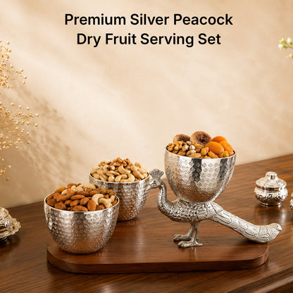 Premium Silver Peacock Dry Fruit Serving Set