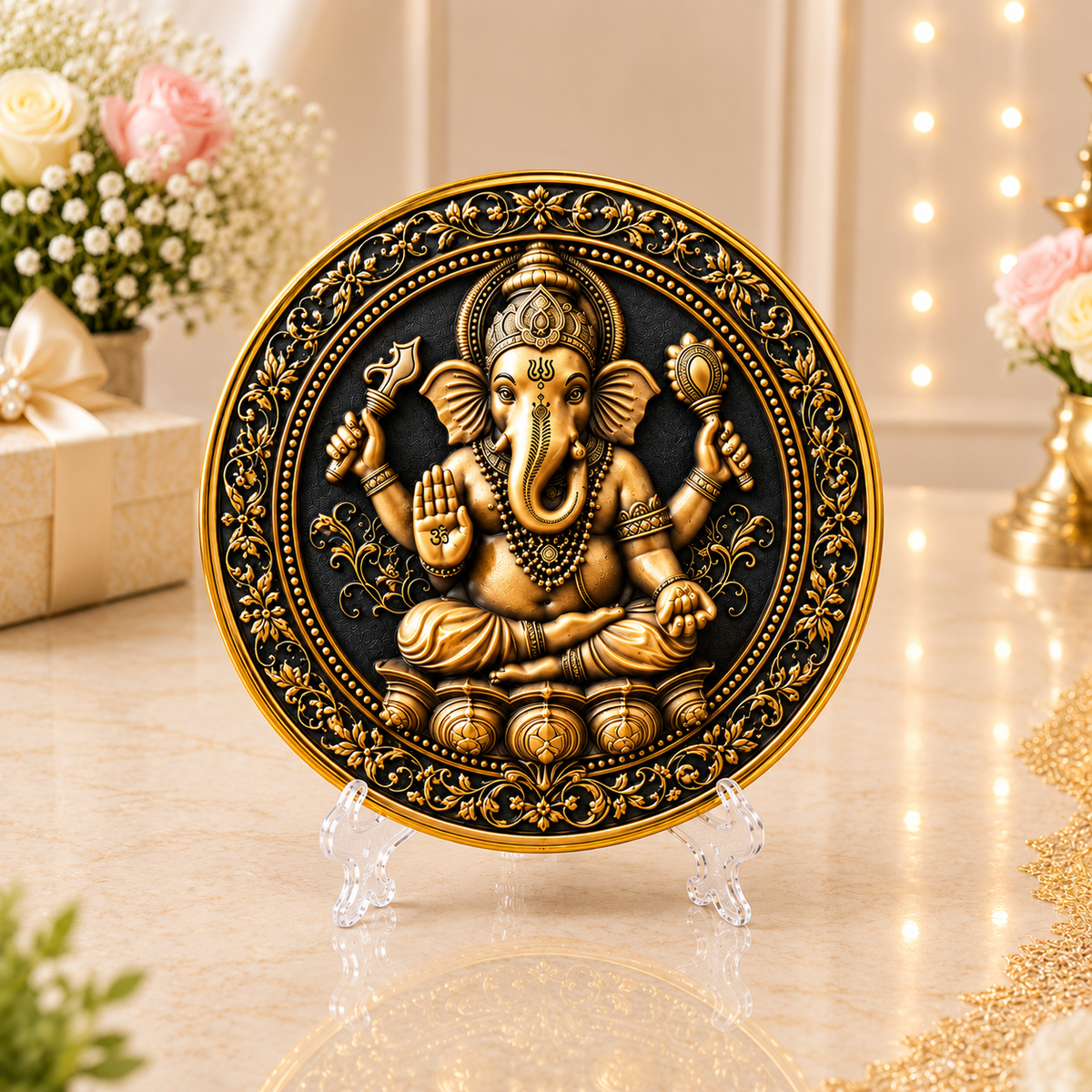 Lord Ganesha Relief Art Decorative Plate on Display Stand