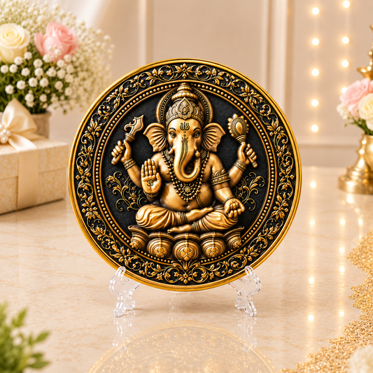 Lord Ganesha Relief Art Decorative Plate on Display Stand