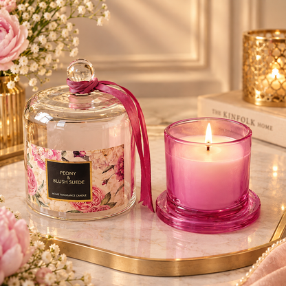 Peony & Blush Suede Luxury Scented Candle with Glass Cloche