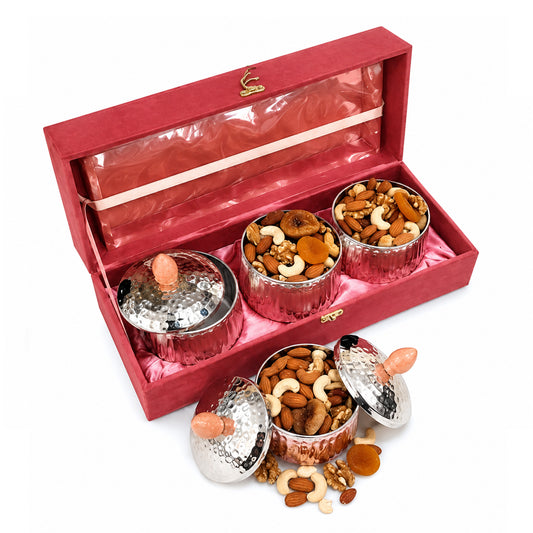 Set of 3 Silver Finished Ornate Containers with Resin Tray