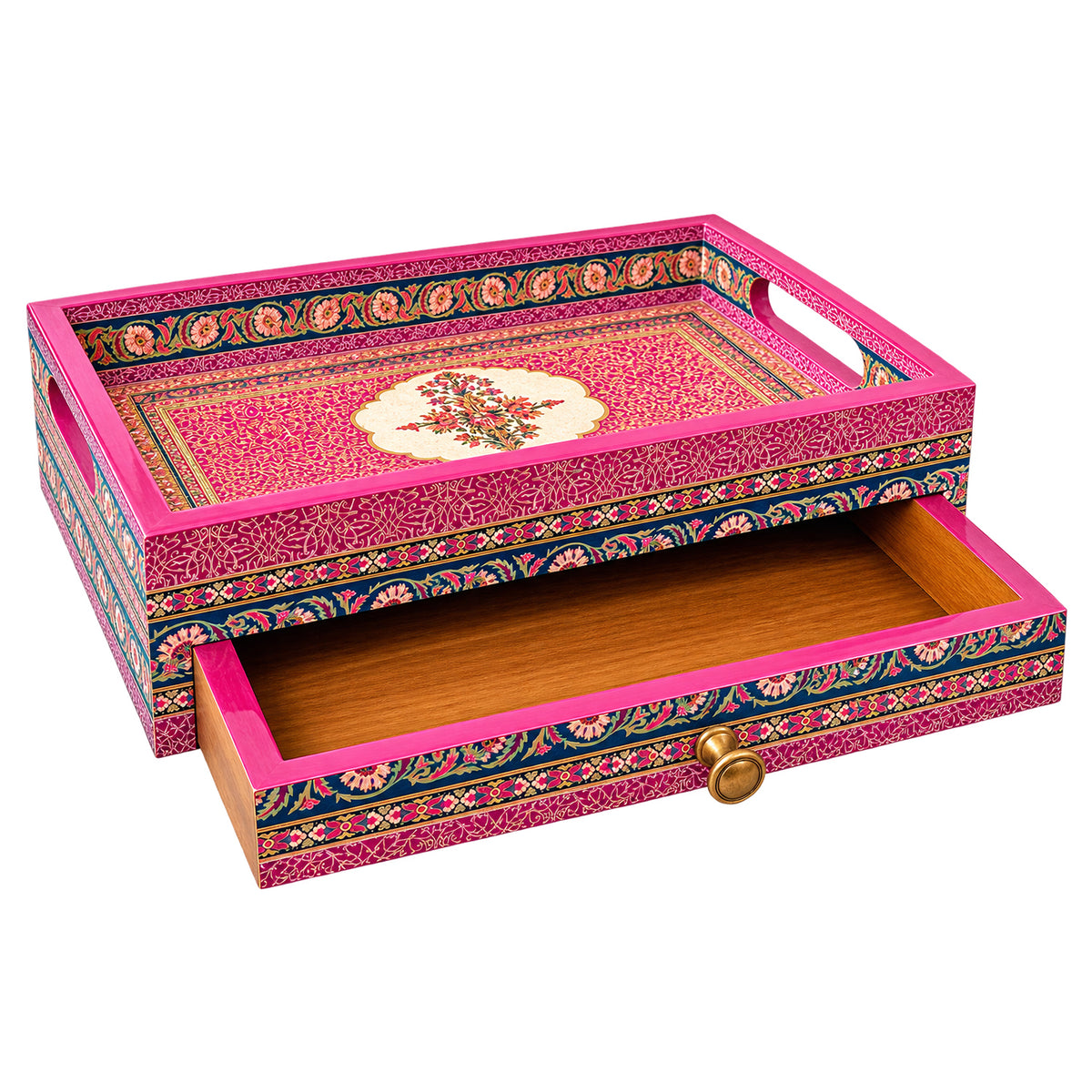 Pink and Gold Brocade Serving Tray with Drawer