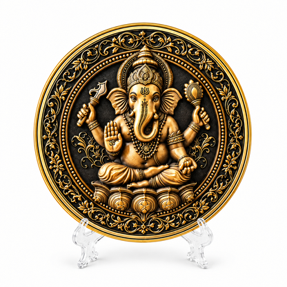 Lord Ganesha Relief Art Decorative Plate on Display Stand