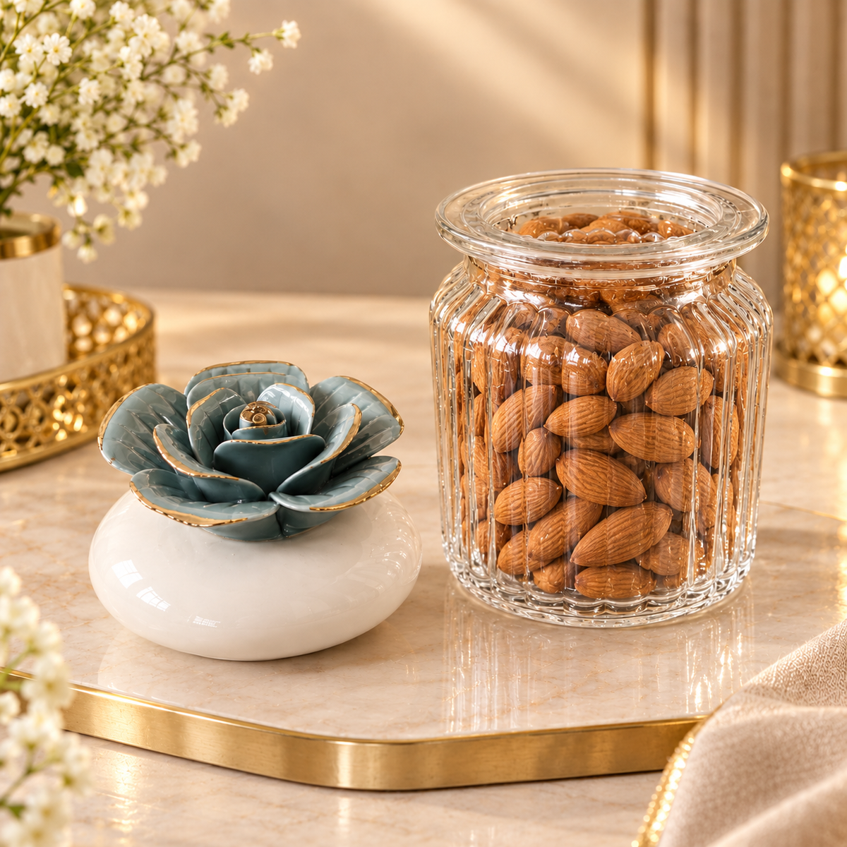 Blue Rose Ceramic Lid Ribbed Glass Storage Jar with Gold Detailing