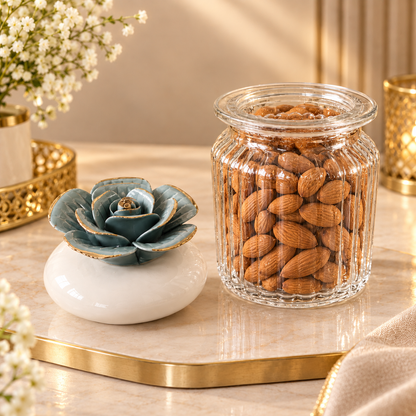 Blue Rose Ceramic Lid Ribbed Glass Storage Jar with Gold Detailing