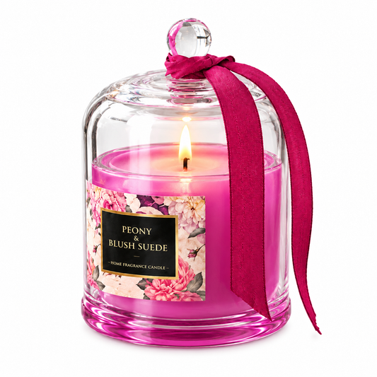 Peony & Blush Suede Luxury Scented Candle with Glass Cloche