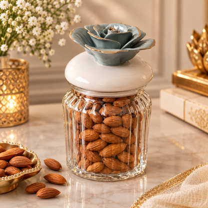 Blue Rose Ceramic Lid Ribbed Glass Storage Jar with Gold Detailing