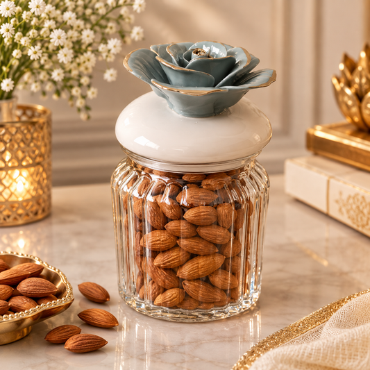 Blue Rose Ceramic Lid Ribbed Glass Storage Jar with Gold Detailing