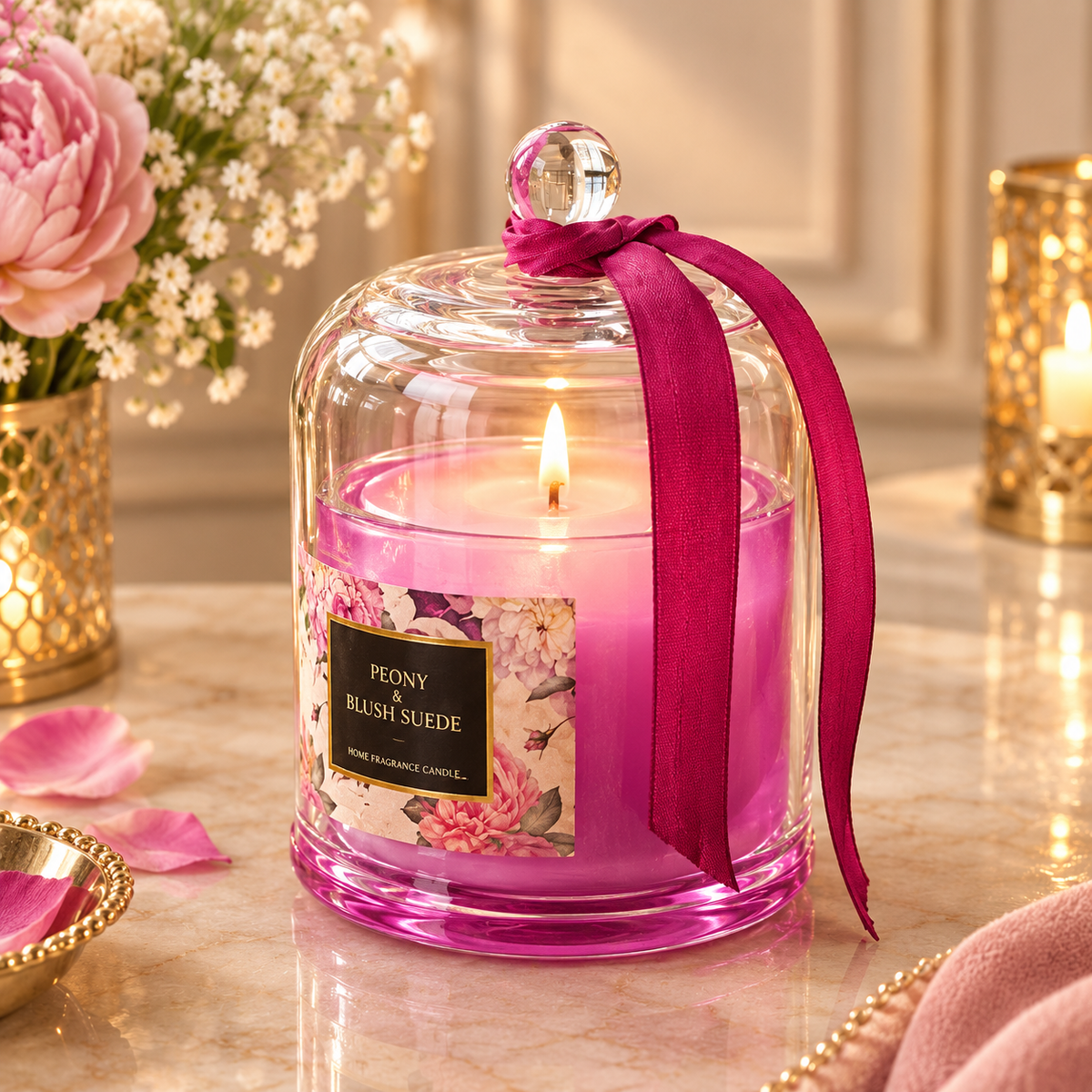 Peony & Blush Suede Luxury Scented Candle with Glass Cloche