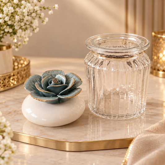 Blue Rose Ceramic Lid Ribbed Glass Storage Jar with Gold Detailing