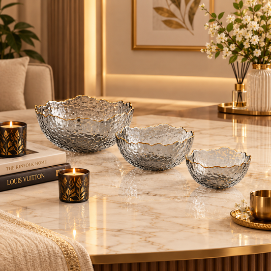 Golden Rim Hammered Glass Serving Bowl Se