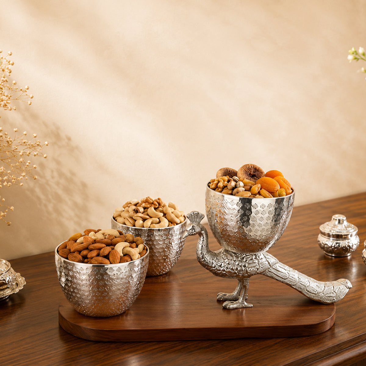 Premium Silver Peacock Dry Fruit Serving Set