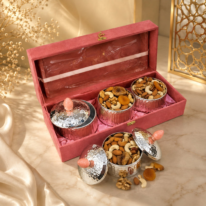 Set of 3 Silver Finished Ornate Containers with Resin Tray