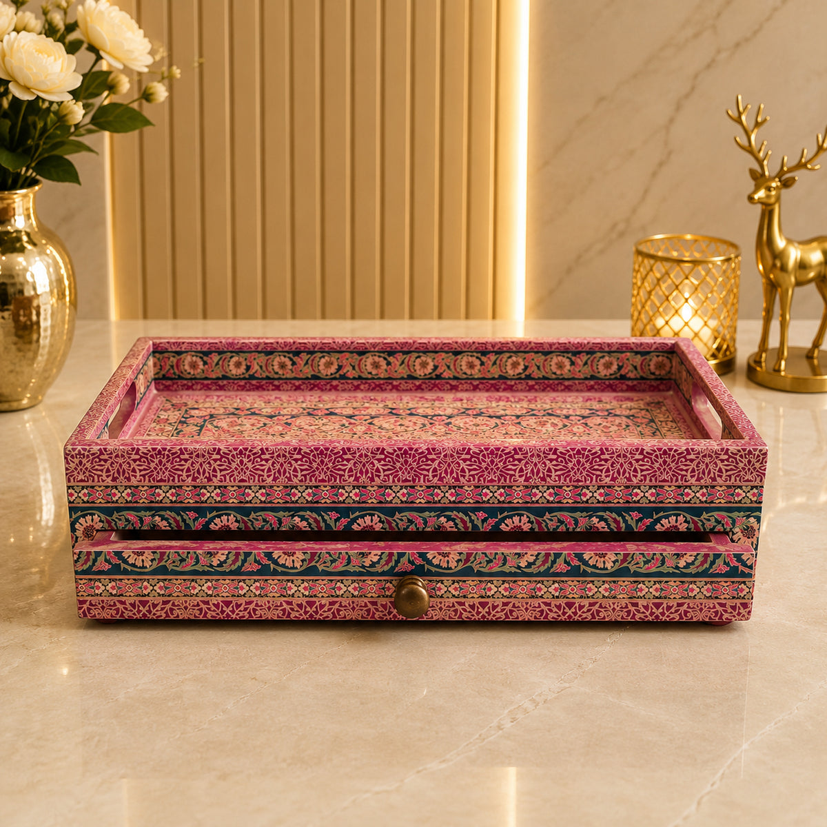 Pink and Gold Brocade Serving Tray with Drawer